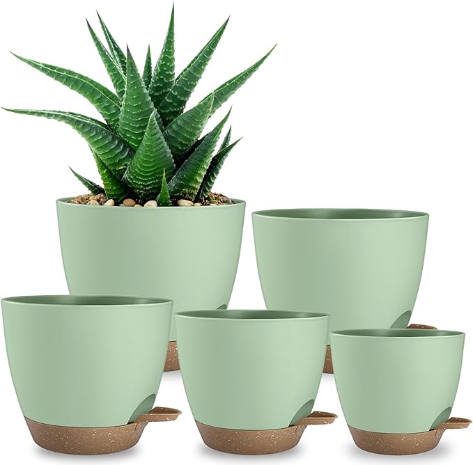 Plant Pots 8/7.5/7/6.5/6 Inch Self Watering Pots,5 Pack Planters with Drainage Holes and Saucers,Plastic Flower Pots,Nursery Planters for Indoor Outdoor Plants (Green)