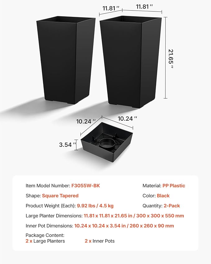 VEVOR Set of 2 Tall Planters for Outdoor Plants 22 inch, Black Tall Planter for Indoor Plants, Modern Planters for Front Porch Patio Balcony, Plant Container Flower Pots with Built-in Drainage