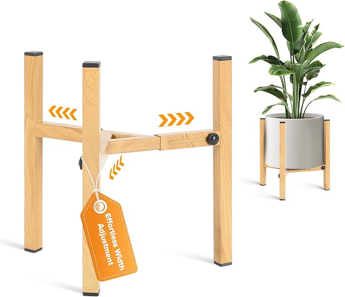 Plant Stand Indoor Adjustable, Metal Modern Indoor Plant Stand, Heavy Duty Plant Stands Outdoor Corner, Stable Plant Holder, Fits 8 to 12 Inches Pots, Black, 1 Pack, Natural Wood-Grain