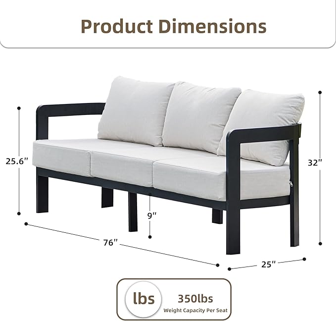 Outdoor Couch Aluminum Patio Furniture, 3-Seat All-Weather Metal Modern Patio Sofa with Washable Thick Cushion for Garden/Backyard/Porch, White