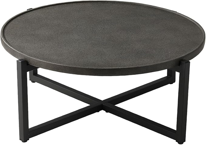 COSIEST Small Round Outdoor Coffee Table Dark Grey, 12''Hx31.5'''All-Weather Concrete Top Patio End Table W Metal Frame for Garden, Balcony and Living Room