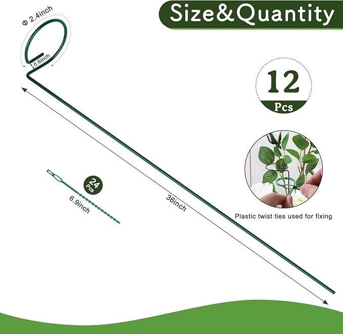 FEED GARDEN 36 Inch 12 Pack Plant Support Stakes, Metal Garden Flower Stakes and Supports for Outdoor Plants, Plant Stem Support with 24 Twist Ties for Amaryllis Lily Rose Peony Tomatoes Gladiolus