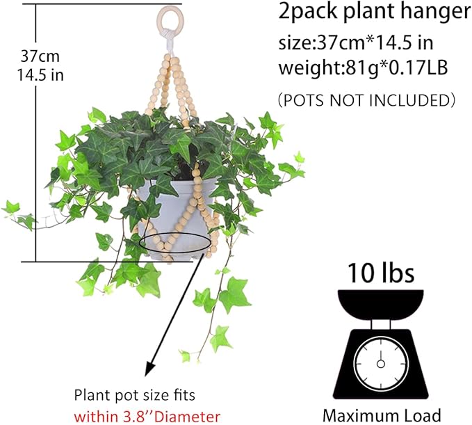 Artilady 2 Pack Beaded Plant Hanger Indoor - Macrame Hanging Planters for Plants Holder No Tassels with Wooden Beads Boho Farmhouse Rustic Home Decor (Wood Color Bead-2pcs)