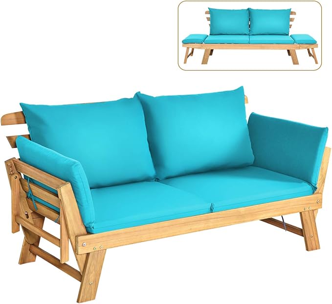 Tangkula Convertible Acacia Wood Patio Couch Sofa Bed with Adjustable Armrest, Outdoor Daybed with Cushion & Pillows, Outside Folding Futon Sofa Couch Bench for Porch, Courtyard, Poolside & Garden