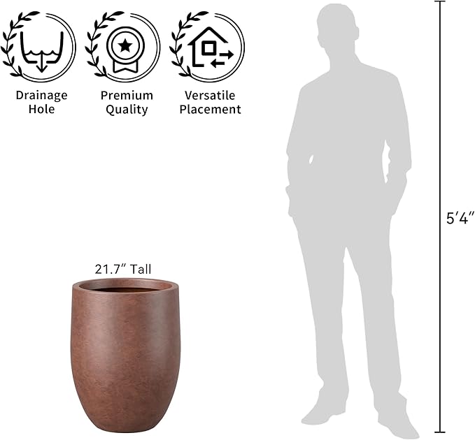 Kante 21.7 Inch Tall Concrete Planter, Large Indoor Outdoor Plant Pot with Drainage, Smooth Rusty Finish with Painted Interior, Ideal for Porch, Home, Garden, Patio