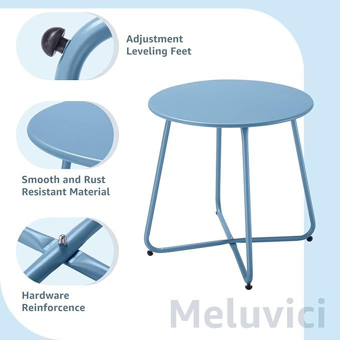 Patio Outdoor Side Table Waterproof Round Metal Steel Small Side Table Weather Resistant Portable Outdoor and Indoor End Table for Garden Balcony Yard, Blue