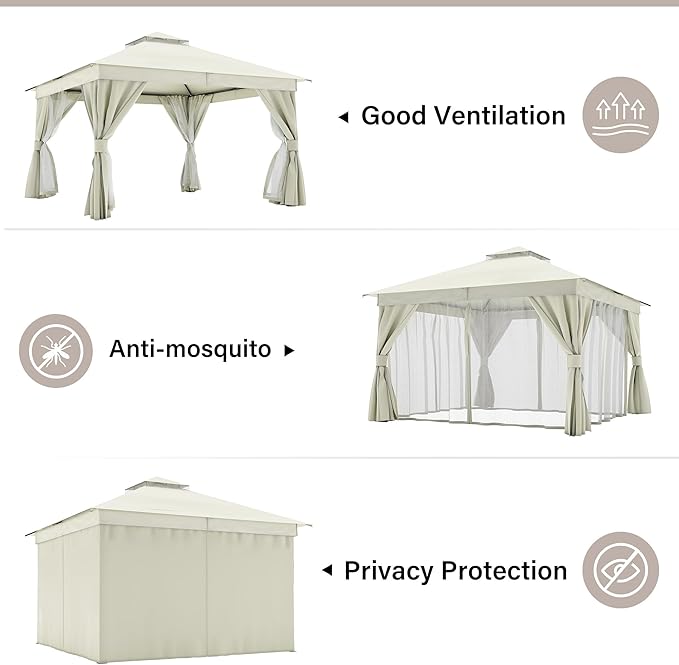 LAUSAINT HOME Semi-Permanent Outdoor Patio Gazebo 12'x12', Heavy Duty Party Tent Shelter with Double Roofs, Mosquito Nettings and Privacy Screens for Backyard, Garden, Lawn, Cream White