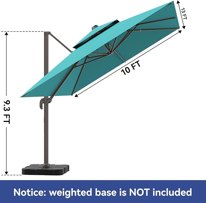 10x13FT Cantilever Outdoor Patio Umbrellas, Double Top Large Rectangle Umbrella, Heavy Duty 360° Rotation Offset Outdoor Sun Shade Umbrella for Garden Deck Pool Backyard Patio, Turquoise