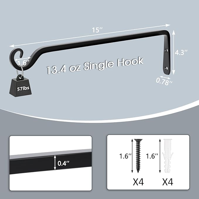 Gtongoko 2 Pack 15 Inch Plant Hangers Outdoor Metal, Plant Hooks for Wall Indoor, Outdoor Hooks for Hanging Bird Feeders, Plant Bracket, Lanterns, Wind Chinme, Black