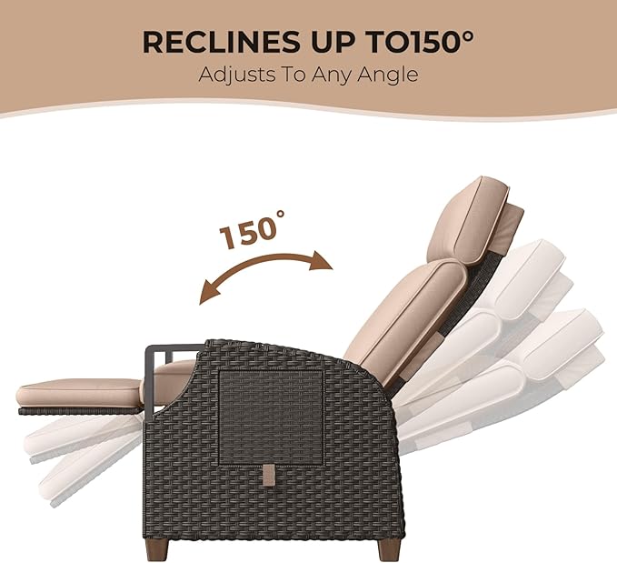 Grand patio Outdoor Recliner Air Pump 150° Lay Flat Reclining Chair with Independent Adjustable Back and Footrest Removable Olefin Cushion Flip-Up Table Wicker Beige 2PCS