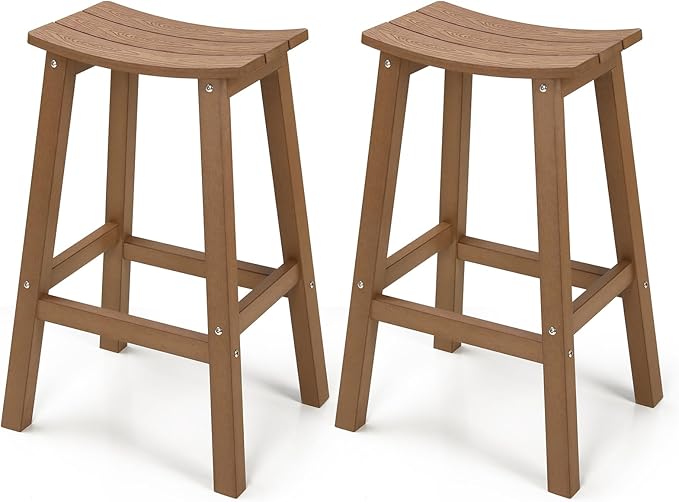 All-Weather Bar Stools Set of 2, 28" Height Outdoor Barstools with 400 lbs Weight Capacity, Looks Like Real Wood, for Bar, Kitchen Counter, Pool, and Patio, Teak