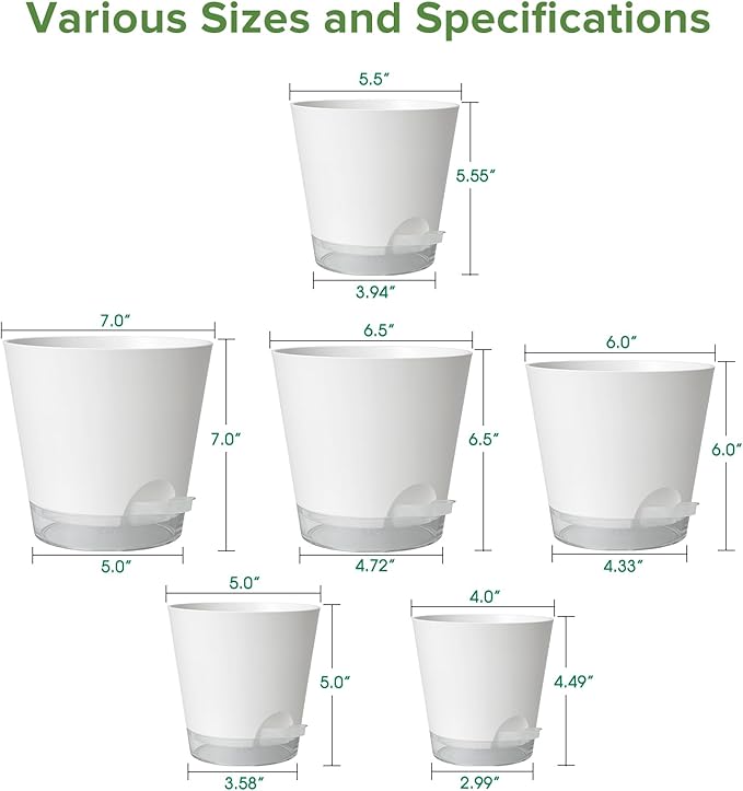 GARDIFE 2026 Upgraded Self Watering Plant Pots with Drainage Hole, 7/6.5/6/5.5/5/4 Inch Flower Planting Containers for House Plants, African Violet, Flowers, Cactus (White, 7+6.5+6+5.5+5+4 inch)