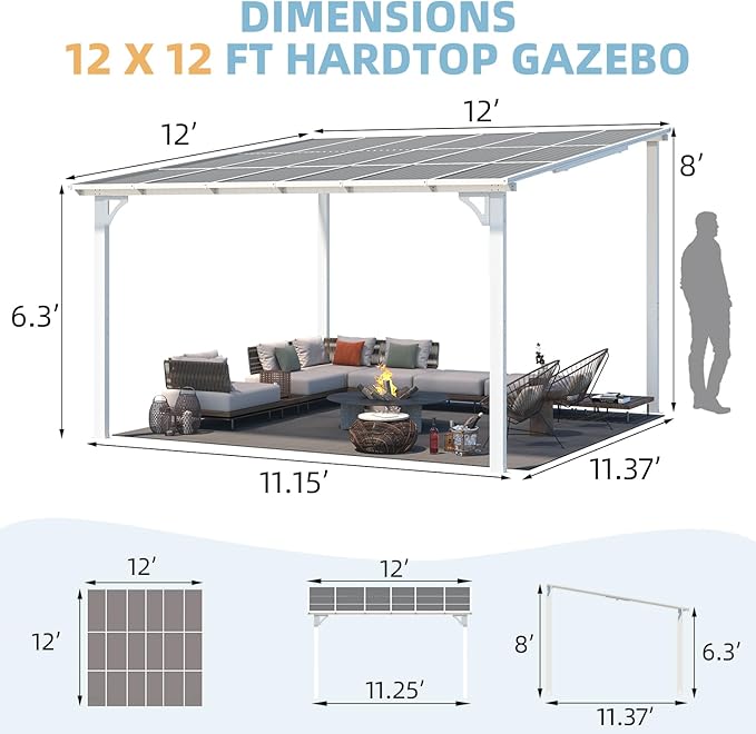 AECOJOY 12' x 12' White Gazebo Outdoor Pergola for Patio, Large Wall-Mounted Hard Top Lean to Metal Gazebo Shelter Pergolas and Gazebos Clearance with Patio Roof, Heavy Duty Awnings for Patio