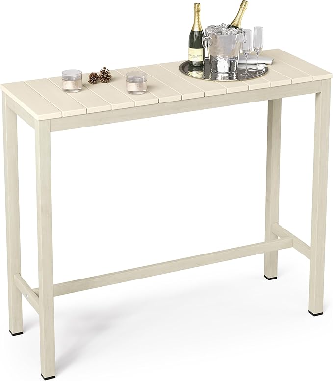 Outdoor Bar Table, 45" Patio Bar Height Counter Console Table, Waterproof HDPS Slatted Top, Weather Resistant, Hot Tub, Balcony, Yard, Indoor or Outdoor Use, Sand