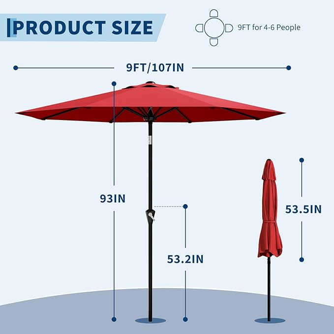 Garvee 9FT Patio Umbrella - Outdoor Table Umbrella with Smooth Crank Lift, Push Button Tilt and 8 Sturdy Ribs - Market Umbrella UV Protection Waterproof for Pool, Deck, Yard, Garden -Red