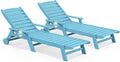 SERWALL Patio Chaise Lounge Chair Set of 2, 78'' Long 5-Positions Adjustable HDPE Outdoor Lounger for Pool, Poly Lounge Chair with Rolling Wheels & Cup Holder for Poolside, Deck, Light Blue
