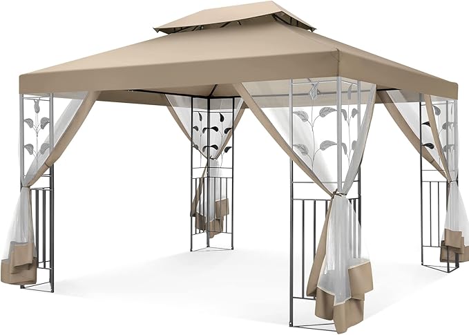 COBIZI Gazebo 10x13 Heavy Duty Gazebos with Improved Nettings Outdoor Gazebo Double Roof Patio Gazebos with Metal Steel Frame Outdoor Canopy for Patio, Deck, Backyard (Khaki)