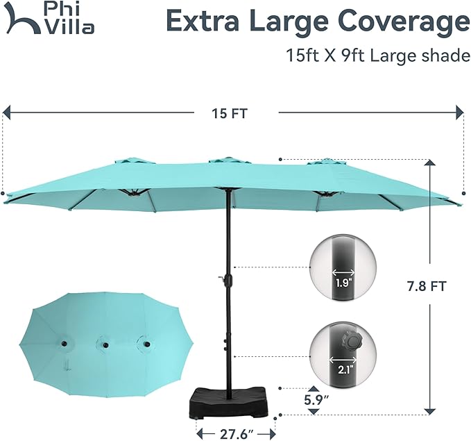 PHI VILLA 15ft Large Patio Umbrellas with Base Included, Outdoor Double-Sided Rectangle Market Umbrella with Crank Handle, for Poolside Lawn Garden, Turquois