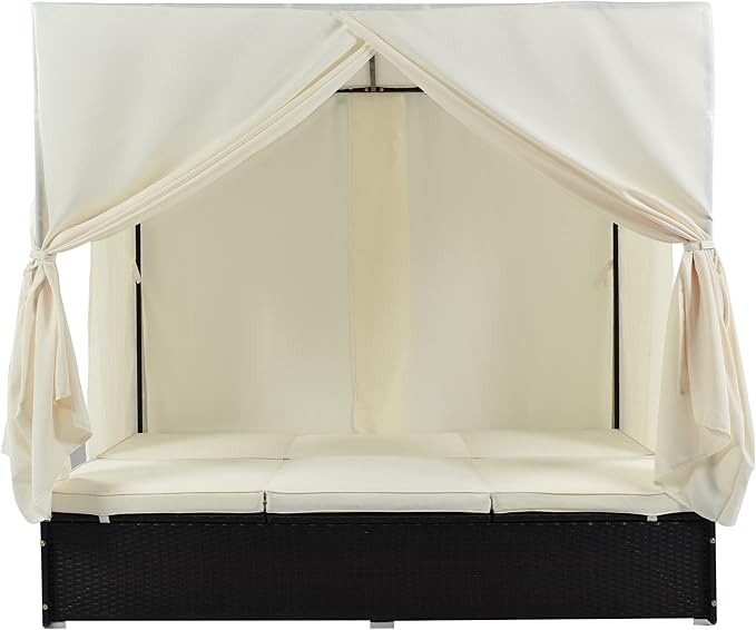 Patio Chaise Lounge, PE Rattan Outdoor Patio Wicker Sunbed Daybed with Adjustable Seats, Four-sided Canopy, Overhead Curtain and Beige Cushions for Backyard, Garden, Poolside (for 2-6 people)
