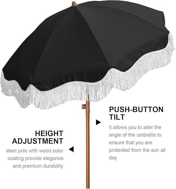 AMMSUN Boho Fringe Umbrella Outdoor Patio, 6.5ft UPF50+ Picnic Umbrella with Tassels with Steel Pole and Push Button Tilt, Noble Black