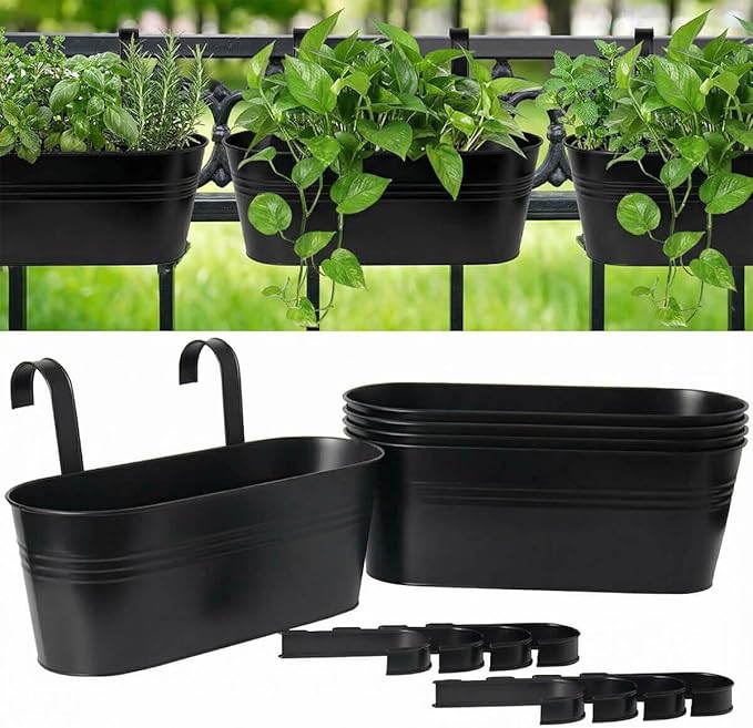 vensovo 16 Inch Railing Planter for Outdoor Plants - 5 Pack Large Metal Balcony Hanging Planters with Detachable Hooks and Drain Holes Oval Box Rail Pots for Home Garden Fence, Black
