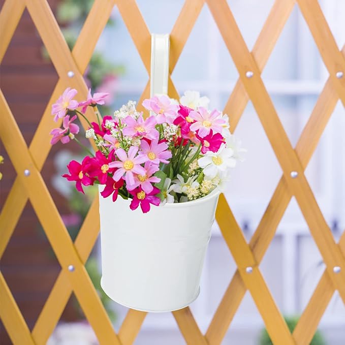 KINGLAKE Flower Pots,10 Pcs Metal Iron Hanging Flower Plant Pots Balcony Garden Plant Planter Baskets Fence Bucket Pot 4'' Flower Holders with Detachable Hook White