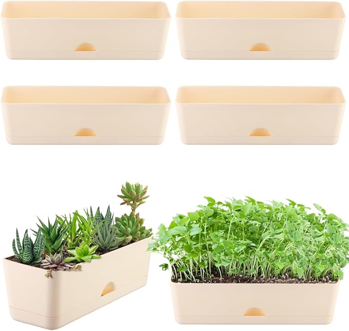 6 Pack Rectangle Planter 16x4.4 Inch Window Boxes Planters Rectangular Large Window Sill Planters Indoor Self Watering Plant Pots with Drainage Holes and Saucers Succulent Herb Flower Pots, Beige