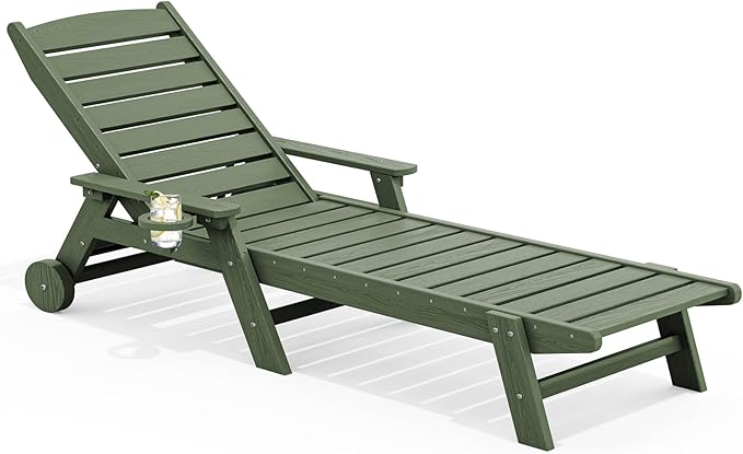 SERWALL Patio Chaise Lounge Chair, 78'' Long HDPE 5 Positions Adjustable Outdoor Lounger, Poly Lounge Chair with Rolling Wheels & Cup Holder for Pool, Avocado Green