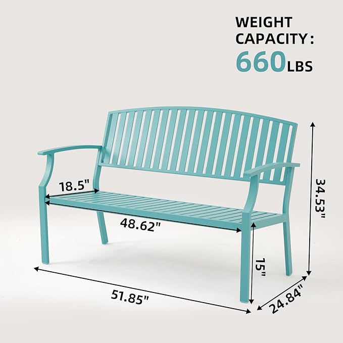 Outdoor Bench Weatherproof Aluminum Patio Garden Bench, Patio Loveseat for Porch Garden Lawn Backyard Park Balcony(Light Blue, 1PC)