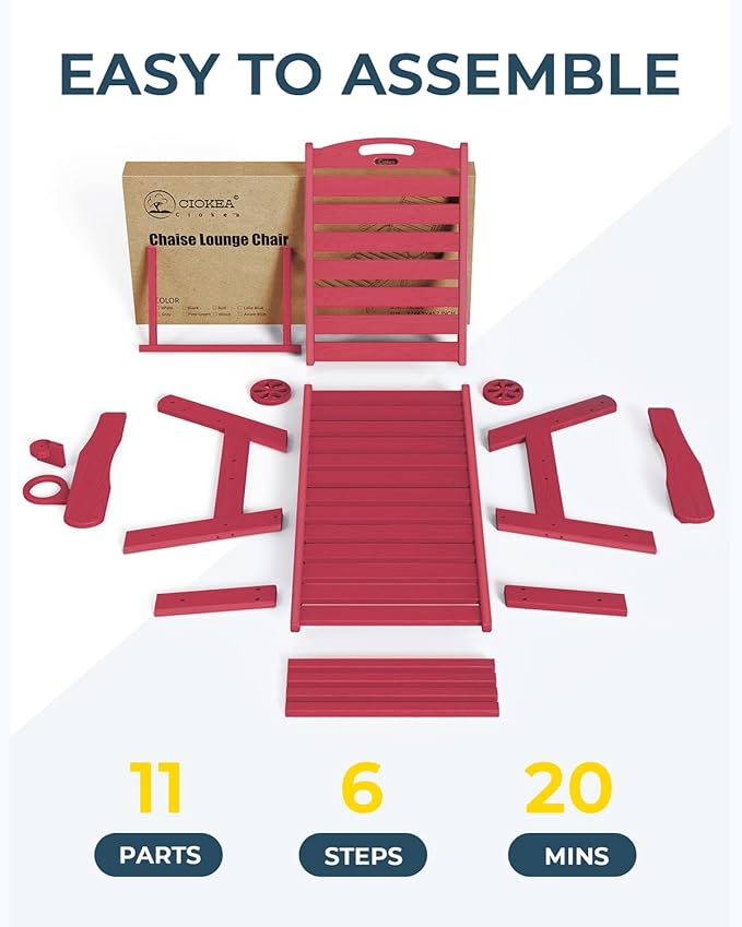 Ciokea Lounge Chair Outdoor, Oversized Chaise Lounge Chair with 5 Positions, HDPE, Patio Lounge Chair with Wheels & Cup Holder for Pool, Deck, Poolside, Red