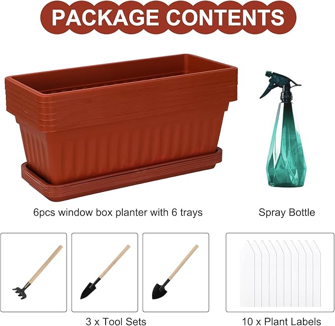 6 Packs Window Box Planter, 17 Inches Flower Window Box Rectangular Plastic Vegetable Planters with Trays for Windowsill, Patio, Garden, Balcony, Brick Red
