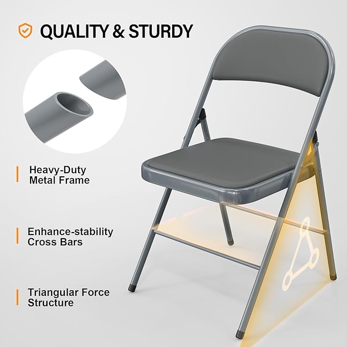 VINGLI 6 Pack Folding Chairs with Padded Seats, Metal Frame with Pu Leather Seat & Back, Capacity 350 lbs, Gray