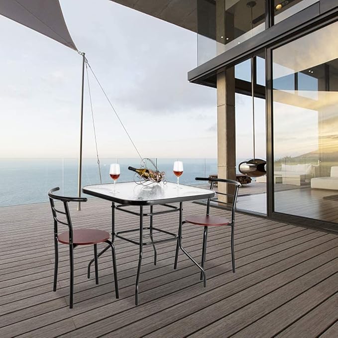 VINGLI Glass Patio Table with Umbrella Hole, 32" Square Outdoor Dining Table Steel Tempered Glass Patio Tables Outdoor Tables for Balcony Garden Deck
