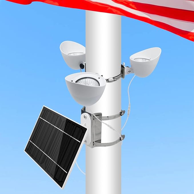 Solar Flag Pole Light, 3 Super-Spotlights LEDs, Adjustable Metal Clamps Fits 2-6''Flag Poles, IP65 Waterproof Outdoor Solar Powered Flagpole Lights, 360 Degrees of Flag Illumination, White