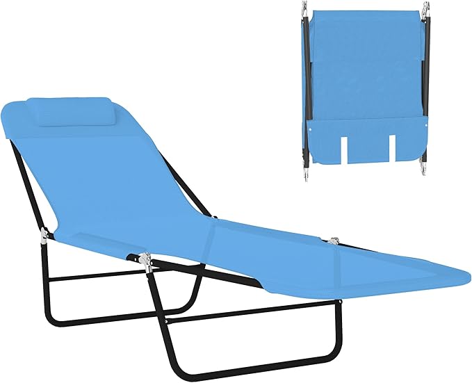 Outsunny Folding Chaise Lounge Chair, Pool Sun Tanning Chair, Outdoor Lounge Chair with Reclining Back, Breathable Mesh Seat, Headrest for Beach, Yard, Patio, Blue