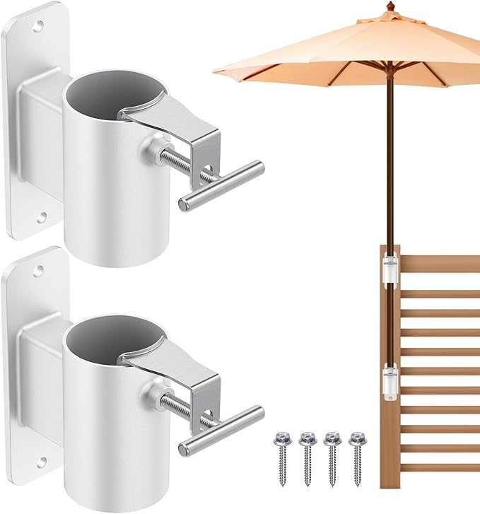 Heavy Duty Deck Railing Umbrella Holder, Patio Umbrella Stand for 1-2 Inch Poles, Space-Saving Design, Secure & Sturdy Post Flat Mount for Deck Railing, Balcony, Outdoor Courtyard, White