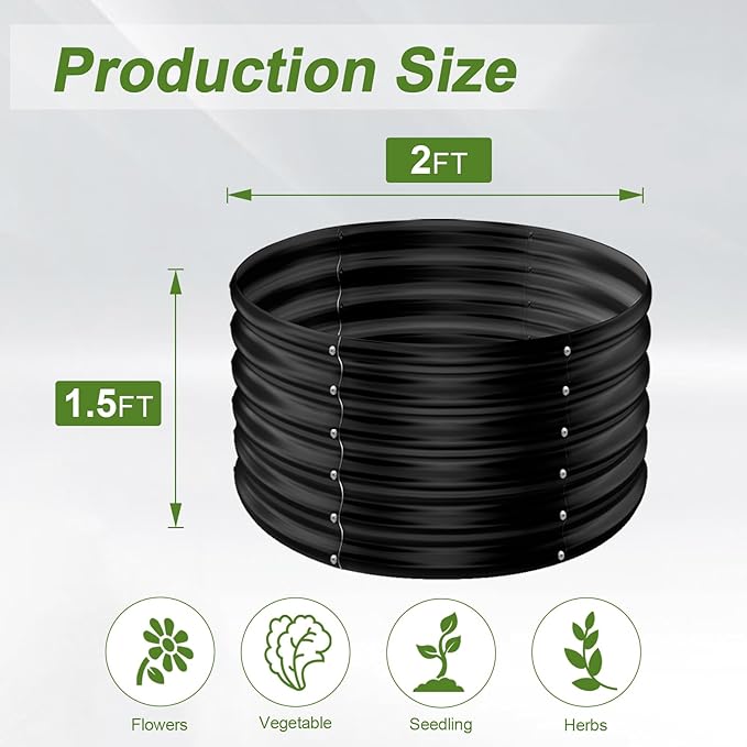 AHEONLAR 2 Pack 2x2x1.5ft Round Galvanized Raised Garden Bed Outdoor Metal Planter Box for Vegetables Steel Raised Beds for Gardening Black
