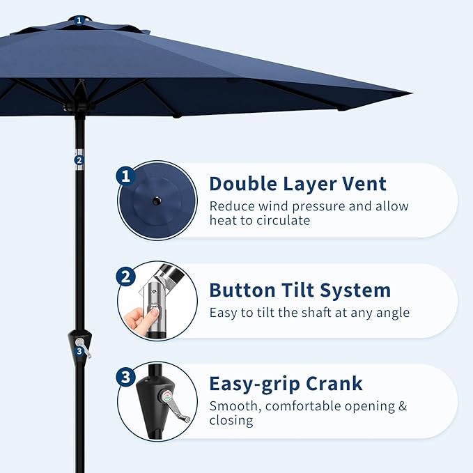 Garvee 10FT Patio Umbrella - Outdoor Table Umbrella with Smooth Crank Lift, Push Button Tilt and 8 Sturdy Ribs - Market Umbrella UV Protection Waterproof for Pool, Deck, Yard, Garden (Navy Blue)