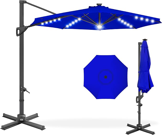 Best Choice Products 10ft Solar LED Cantilever Patio Umbrella, 360-Degree Rotation Hanging Offset Market Outdoor Sun Shade for Backyard, Deck, Poolside w/Lights, Easy Tilt, Cross Base