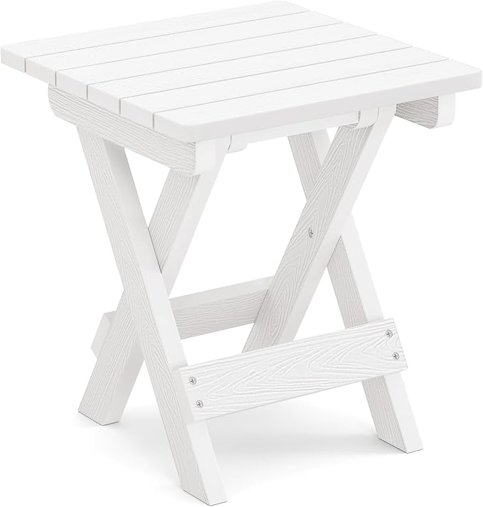 LUE BONA Small Outdoor Folding Side Table, HDPS Outside End Table for Patio, Porch, Deck, Pool, 14 Inch Height, White