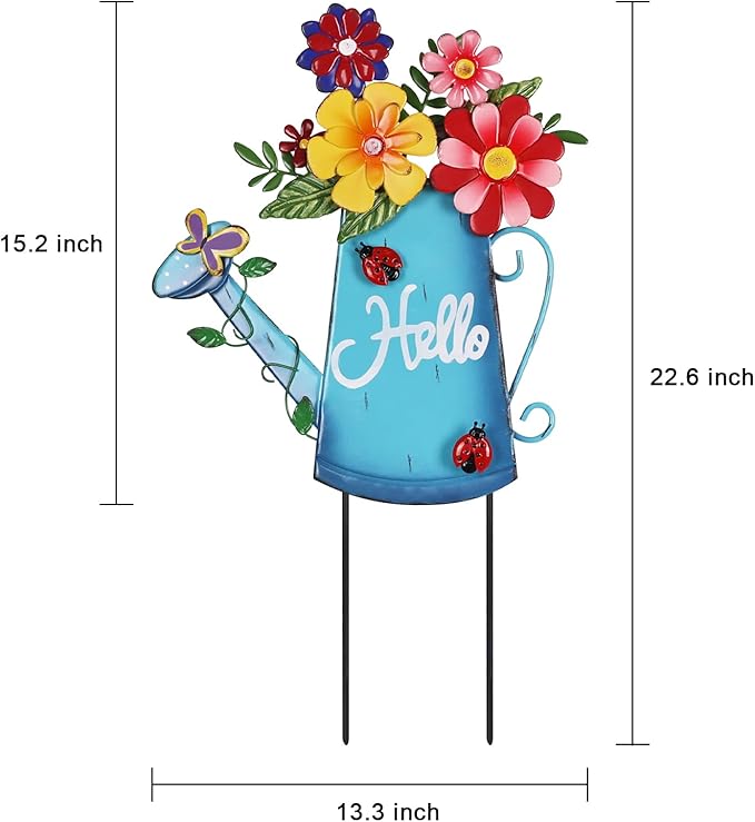 hogardeck Garden Decor for Outside, Metal Watering Can Decorative Garden Stakes with Flowers, Yard Art Welcome Spring Signs for Outdoor Lawn Backyard Porch Patio Garden Decorations