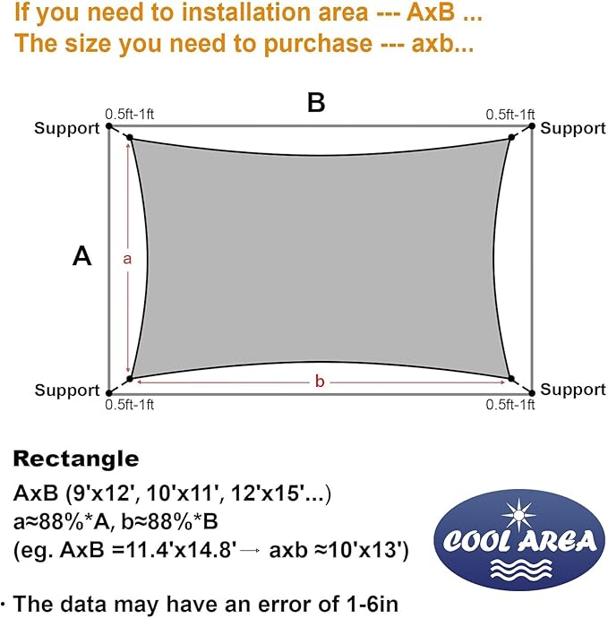 Cool Area Sun Shade Sail 12x16FT Rectangle Shade Canopy Outdoor Sunshade for Patio Backyard Garden, Dark Grey