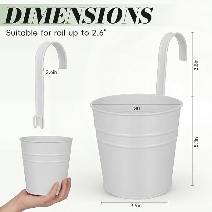 HowRU Hanging Flower Pots, Railing Planter Box for Outdoor Plants 12 Pack 5 Inch Metal Hanging Planters with Detachable Hooks Balcony Window Fence Garden Decoration Flower Boxes, White