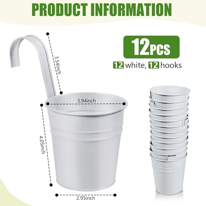 OBTANIM 12 Pack Metal Hanging Flower Pots Railing Planter Outdoor Fence Hanging Bucket Plant Holder with Detachable Hooks Drain Holes for Home Garden Yard Decor (White, 4 x 4 Inch)