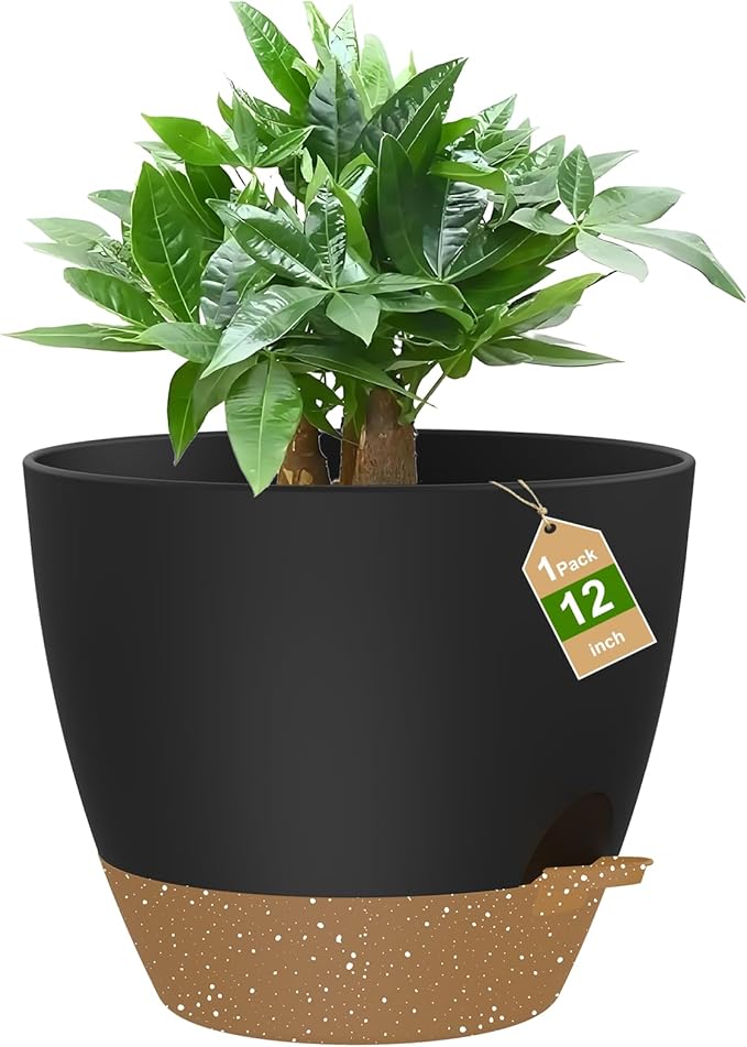 12 Inch Large Self Watering Pots, Flower Pots with Multi-Mesh Drainage Holes and Saucer, Planters for Indoor and Outdoor Garden Plants (Black with Brown)