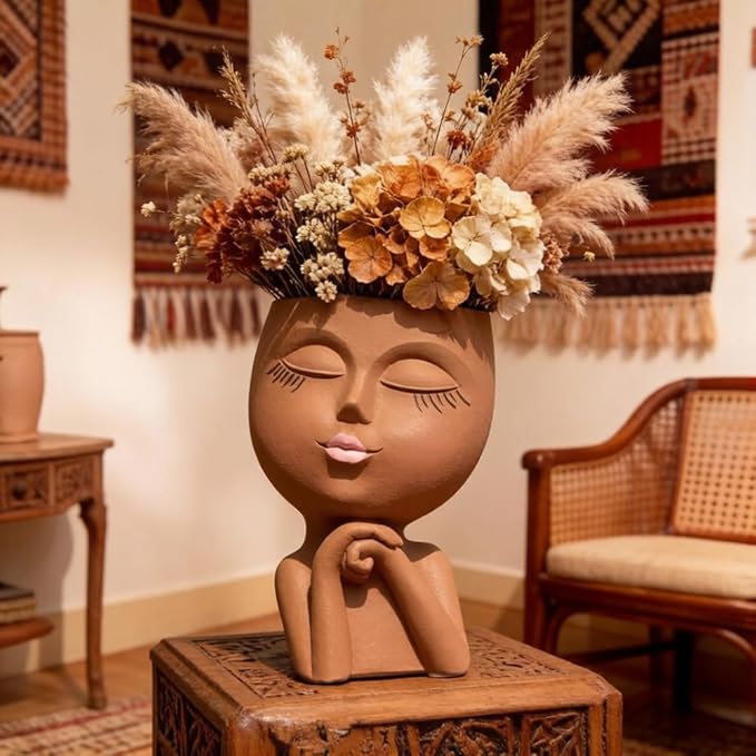 Face Flower Pot Head Planter, Girl Heads Flowerpot, Lady Faces Plant Pot, Female Bust Statue Succulent Pots with Drainage Hole for Indoor Outdoor Plants, Modern Human Art Vase(7" Brown)