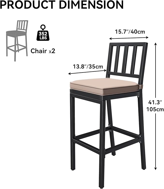 YITAHOME Outdoor Bar Stools Set of 2, Cushioned Metal Outdoor Bar Stools w/Vertical Stripe Back, All-Weather Patio Bar Stools for Balcony Backyard Porch Poolside