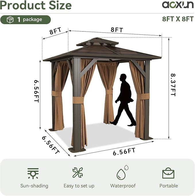 Aoxun 8'x8' Hardtop Gazebo, Aluminum Frame Permanent Pavilion with Curtains and Netting, Outdoor Polycarbonate Double Roof Canopy, Designed for Garden, Lawns, Patio, Brown