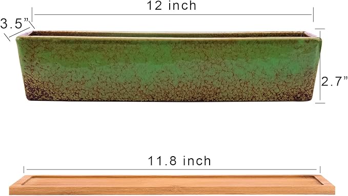 Succulent Pots - Large Succulent Planter Pots with Drainage, 12 Inch Long Rectangle Bonsai Pot with Bamboo Tray Shallow Ceramic Cactus Flower Planter Window Box for Home Garden Decor (Green)