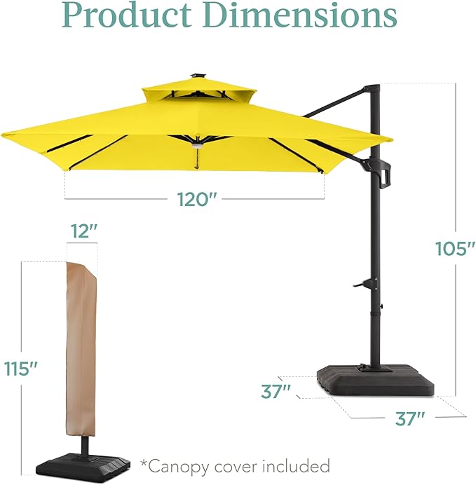 Best Choice Products 10x10ft Cantilever Patio Umbrella w/Base Included, Solar LED Lights 360 Rotation Large Offset Hanging Outdoor Shade for Deck Pool Backyard w/Stand – Yellow